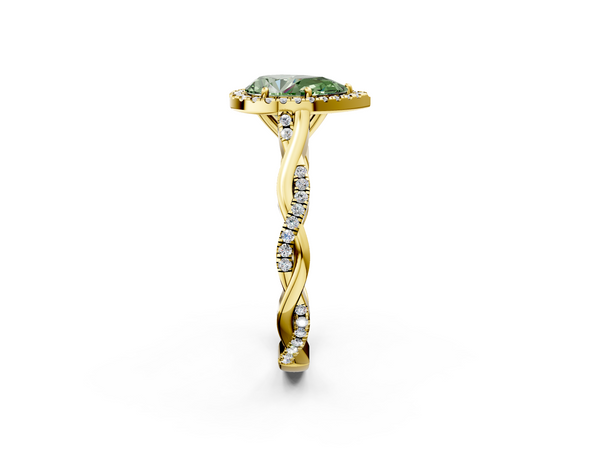 Yellow gold Fancy Green Pear  Halo Twist Band Solitaire Ring