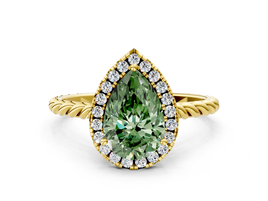Yellow gold Fancy Green Pear  Halo Twisted Band Four-Prong Diamond Ring_20