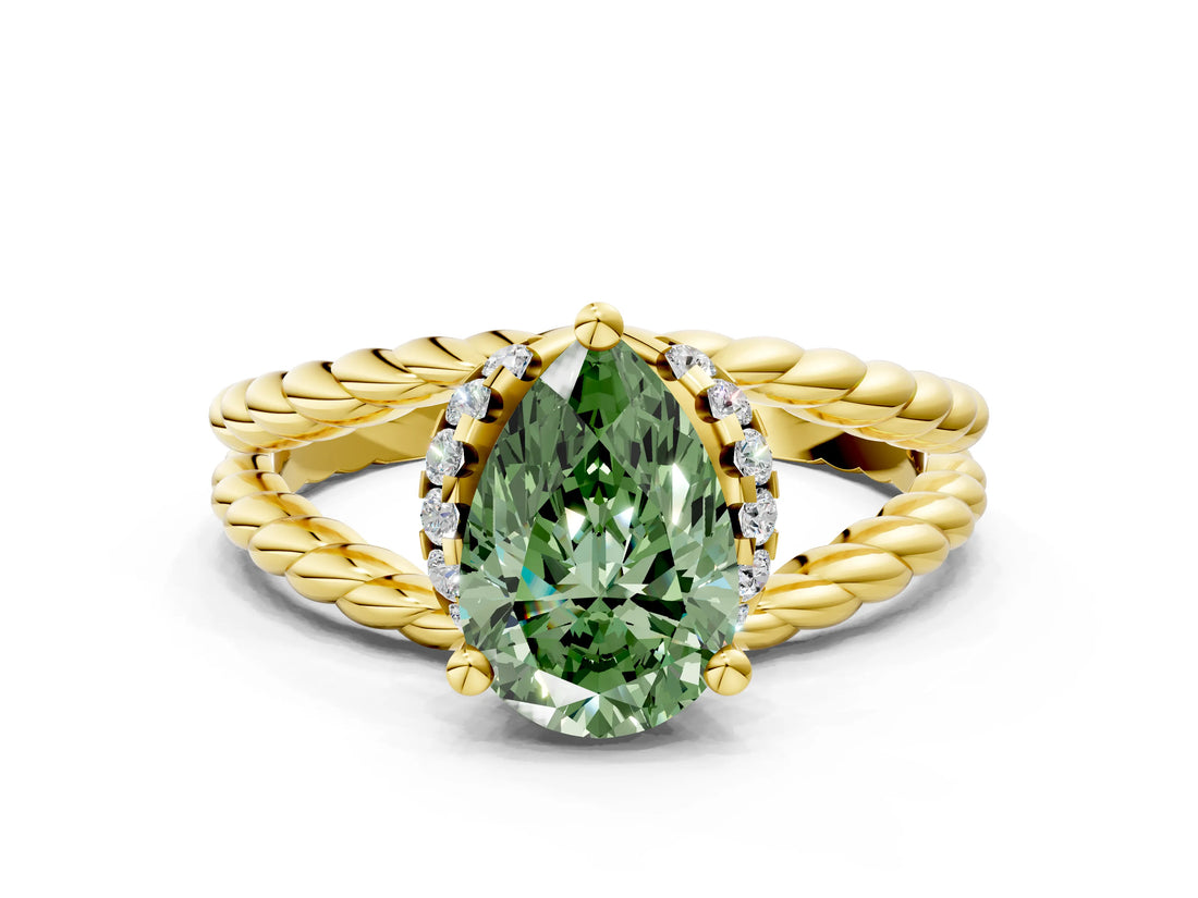 Yellow gold Fancy Green Pear  Halo Twisted Band Four-Prong Ring_33