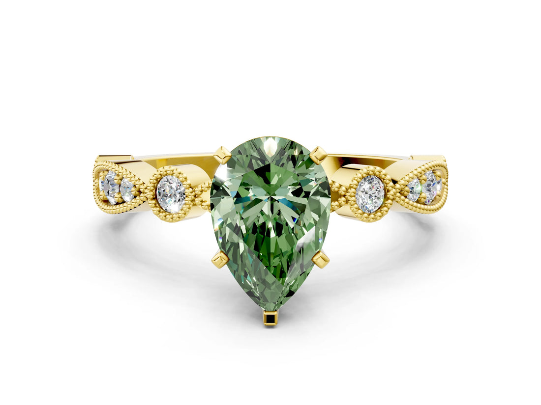 Yellow gold Fancy Green Pear  Milgrain Bezel Diamond Engagement Ring with Solitaire Prong Setting_144