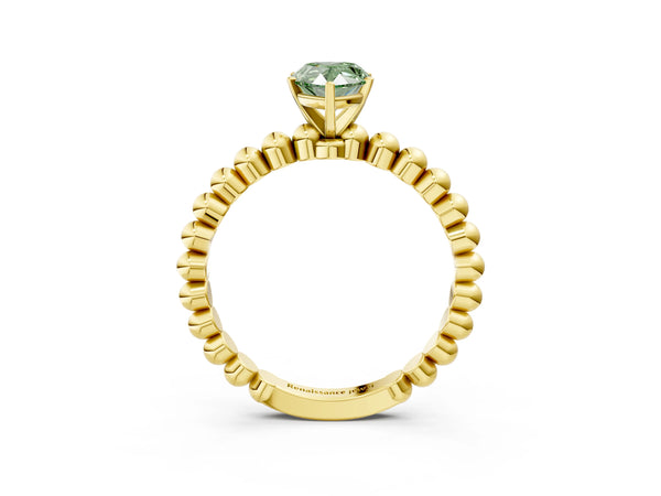 Yellow gold Fancy Green Pear Cut Diamond Solitaire Ring with Beaded Band and Prong Setting