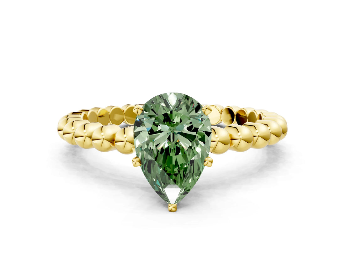 Yellow gold Fancy Green Pear  Solitaire Beaded Band Prong Setting Ring