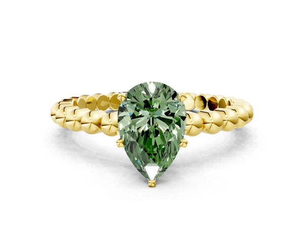 Yellow gold Fancy Green Pear Cut Diamond Solitaire Ring with Beaded Band and Prong Setting