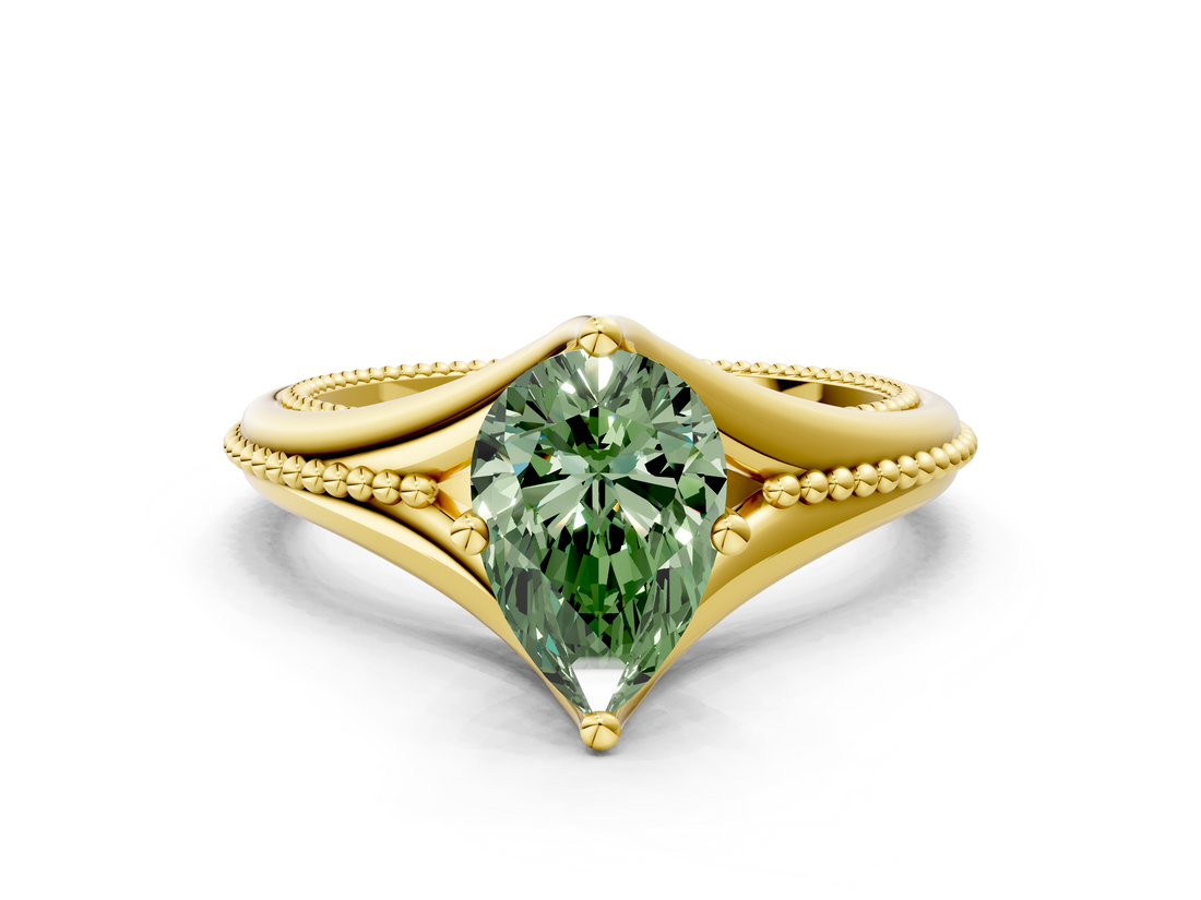 Yellow gold Fancy Green Pear  Solitaire Beaded Band Six-Prong Setting