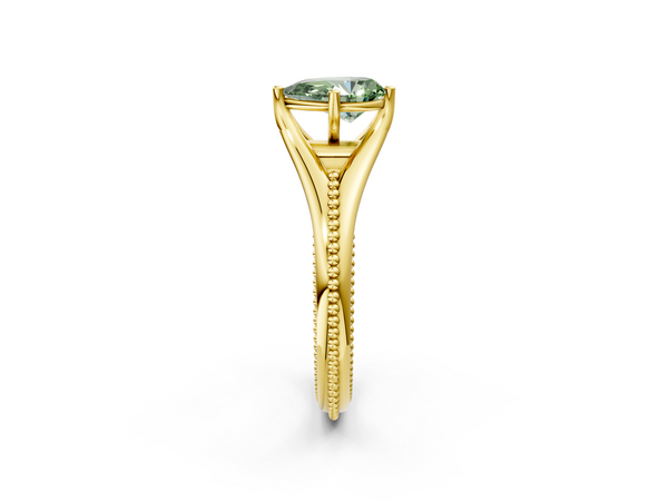 Yellow gold Fancy Green Pear  Solitaire Beaded Band Six-Prong Setting