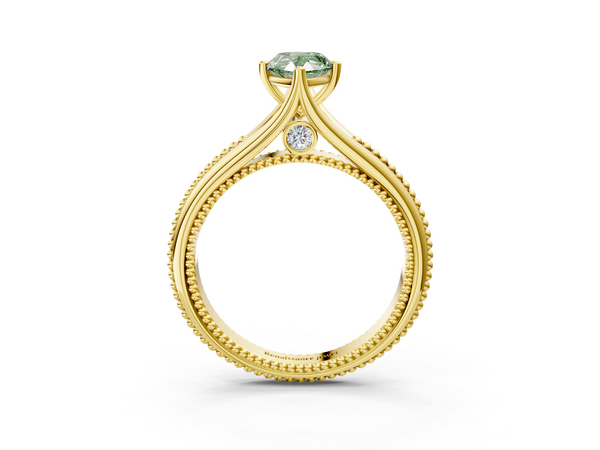 Yellow gold Fancy Green Pear  Solitaire Beaded Band Six-Prong Setting