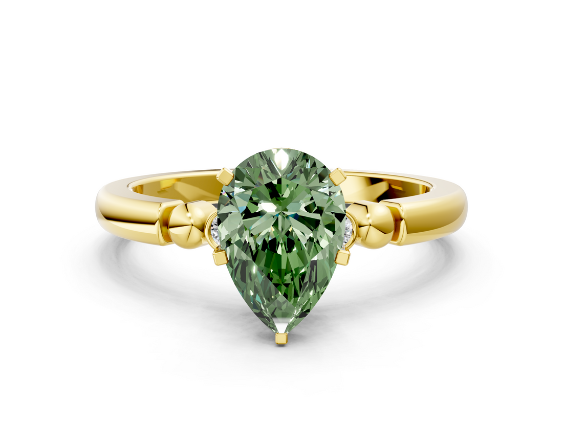 Yellow gold Fancy Green Pear  Solitaire Beaded Band with Four-Prong Setting_46