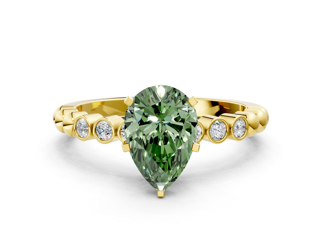 Yellow gold Fancy Green Pear  Solitaire Bezel Accent Diamond Engagement Ring with Beaded Band and Four-Prong Setting_24