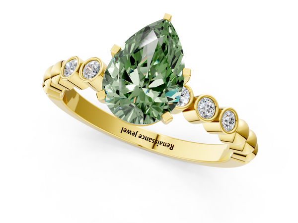 Yellow gold Fancy Green Pear  Solitaire Bezel Accent Diamond Engagement Ring with Beaded Band and Four-Prong Setting