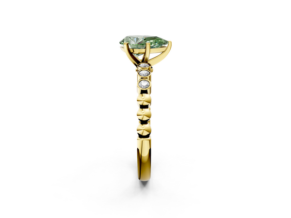 Yellow gold Fancy Green Pear  Solitaire Bezel Accent Diamond Engagement Ring with Beaded Band and Four-Prong Setting
