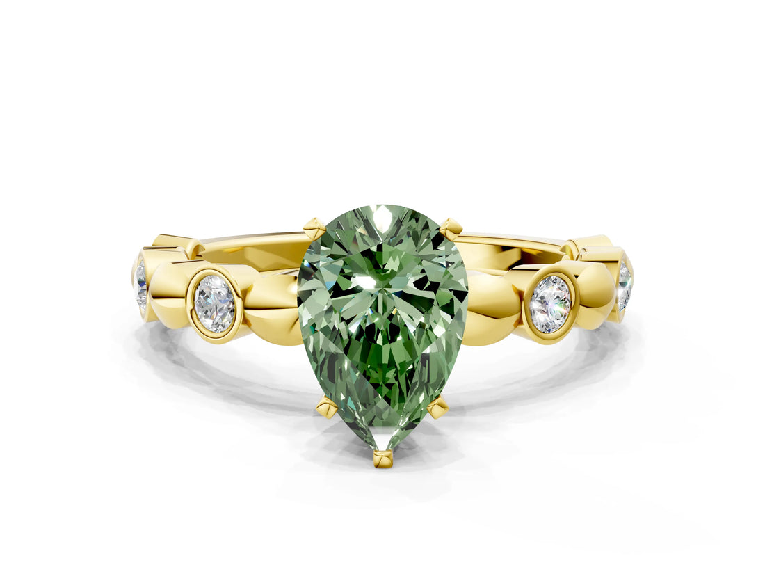 Yellow gold Fancy Green Pear  Solitaire Bezel-Set Diamond Ring with Beaded Band and Four-Prong Setting_32