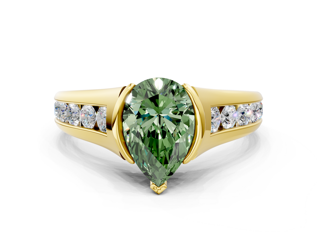 Yellow gold Fancy Green Pear  Solitaire Bezel-Set Diamond Ring with Channel-Set Band_38