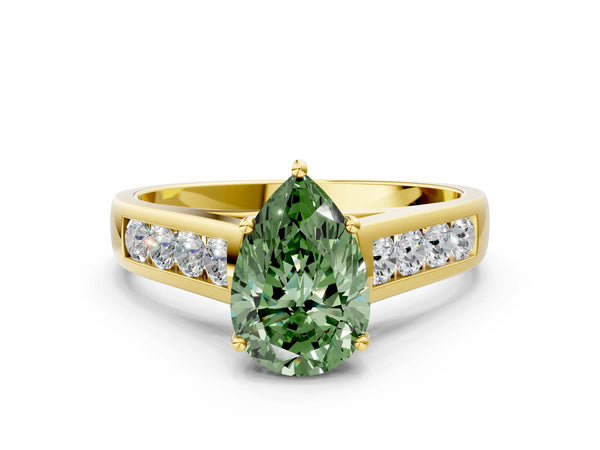 Yellow gold Fancy Green Pear  Solitaire Channel-Set Diamond Engagement Ring with Four-Prong Setting