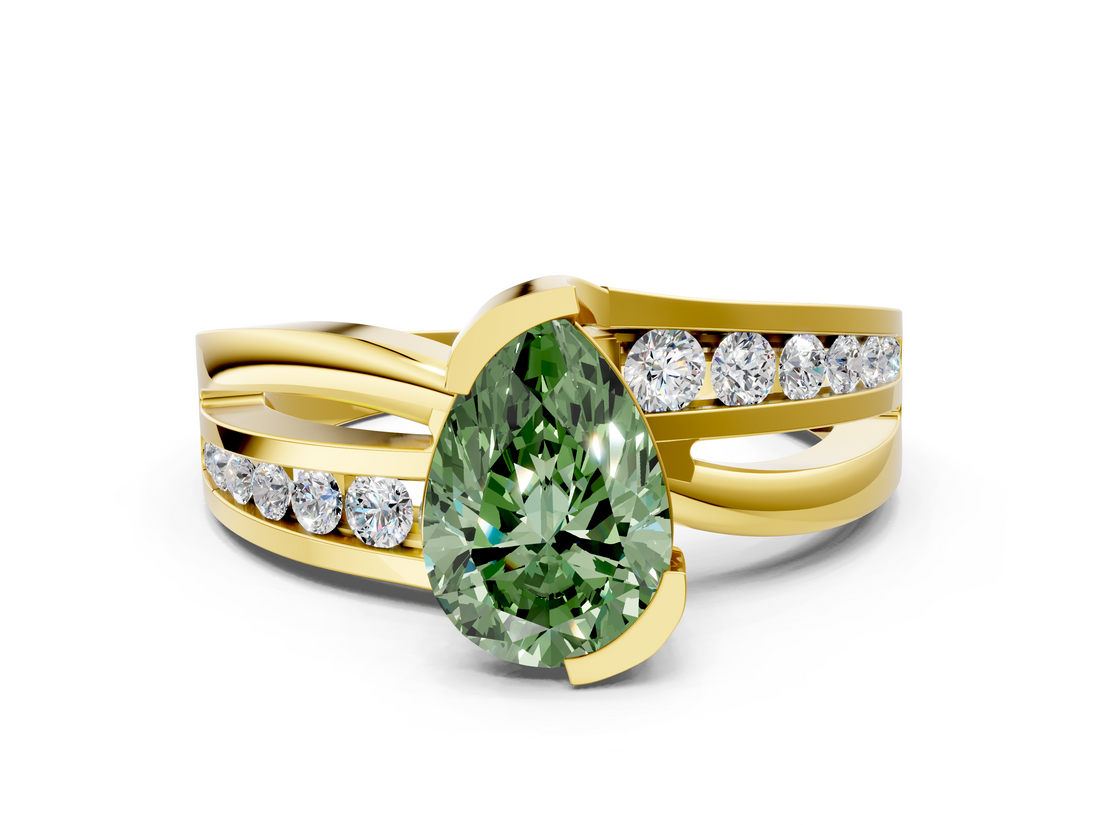 Yellow gold Fancy Green Pear  Solitaire Channel-Set Split Shank Ring with Tension Prong Setting_3