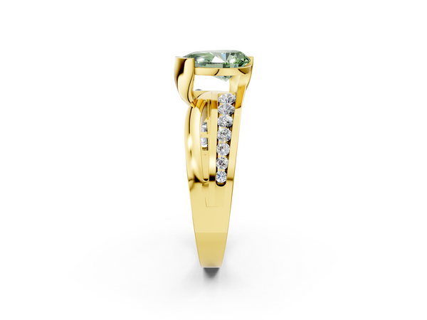 Yellow gold Fancy Green Pear  Solitaire Channel-Set Split Shank Ring with Tension Prong Setting