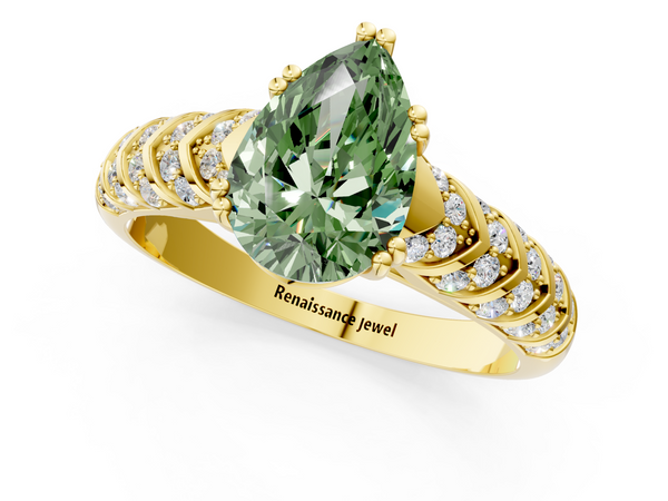 Yellow gold Fancy Green Pear  Solitaire Chevron Pave Diamond Engagement Ring with Six-Prong Setting