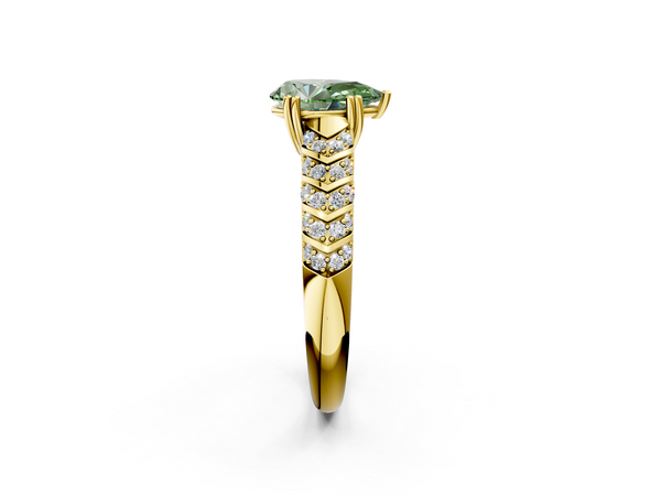 Yellow gold Fancy Green Pear  Solitaire Chevron Pave Diamond Engagement Ring with Six-Prong Setting
