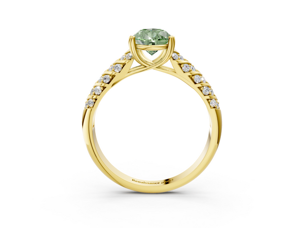 Yellow gold Fancy Green Pear  Solitaire Chevron Pave Diamond Engagement Ring with Six-Prong Setting