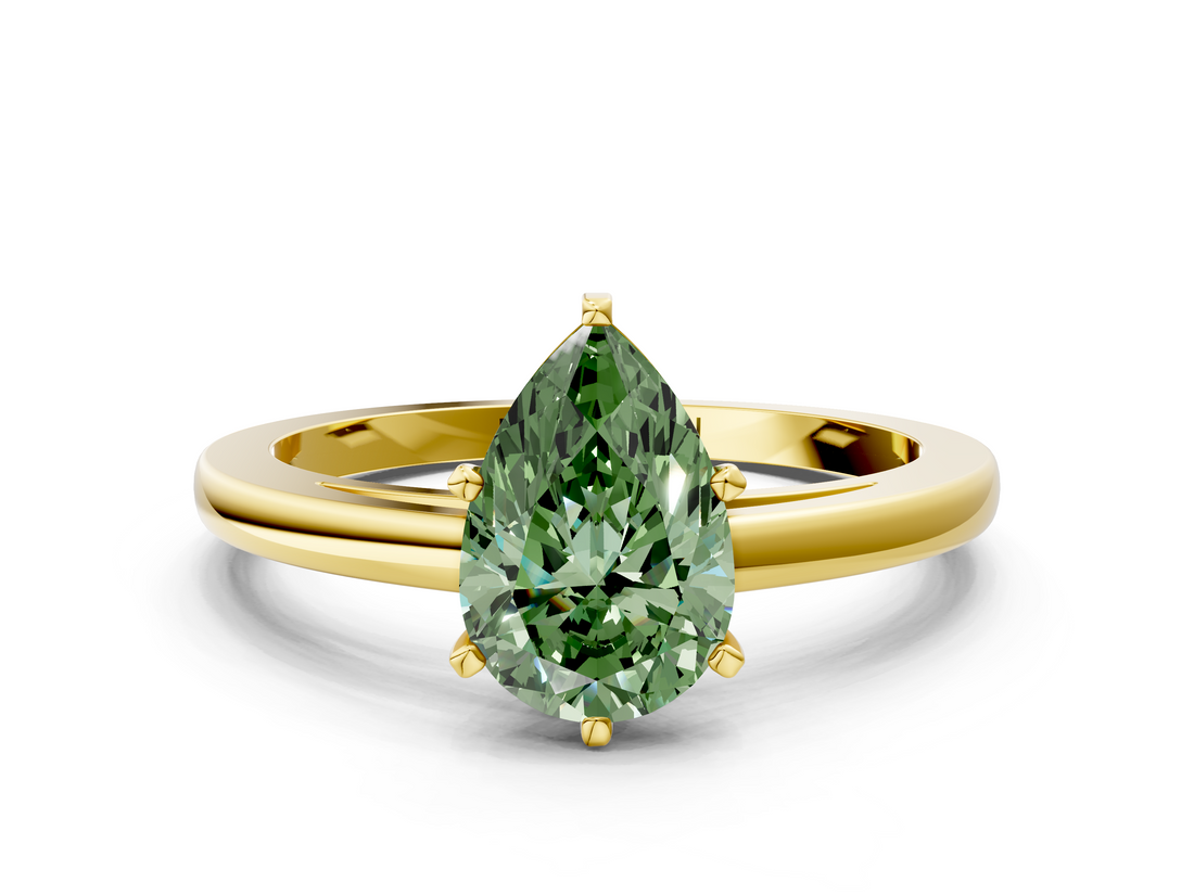 Yellow gold Fancy Green Pear  Solitaire Diamond Engagement Ring with Four-Prong Setting on a Classic Band_3