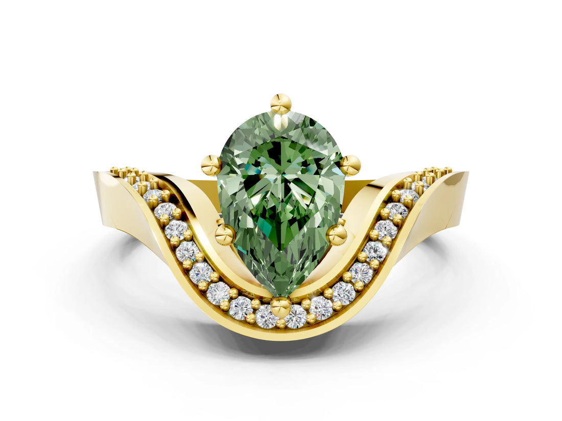 Yellow gold Fancy Green Pear  Solitaire Diamond Engagement Ring with Pave Band and Four-Prong Setting 1