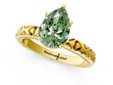 Yellow gold Fancy Green Pear  Solitaire Diamond Engagement Ring with XO Engraved Band and Four-Prong Setting 1