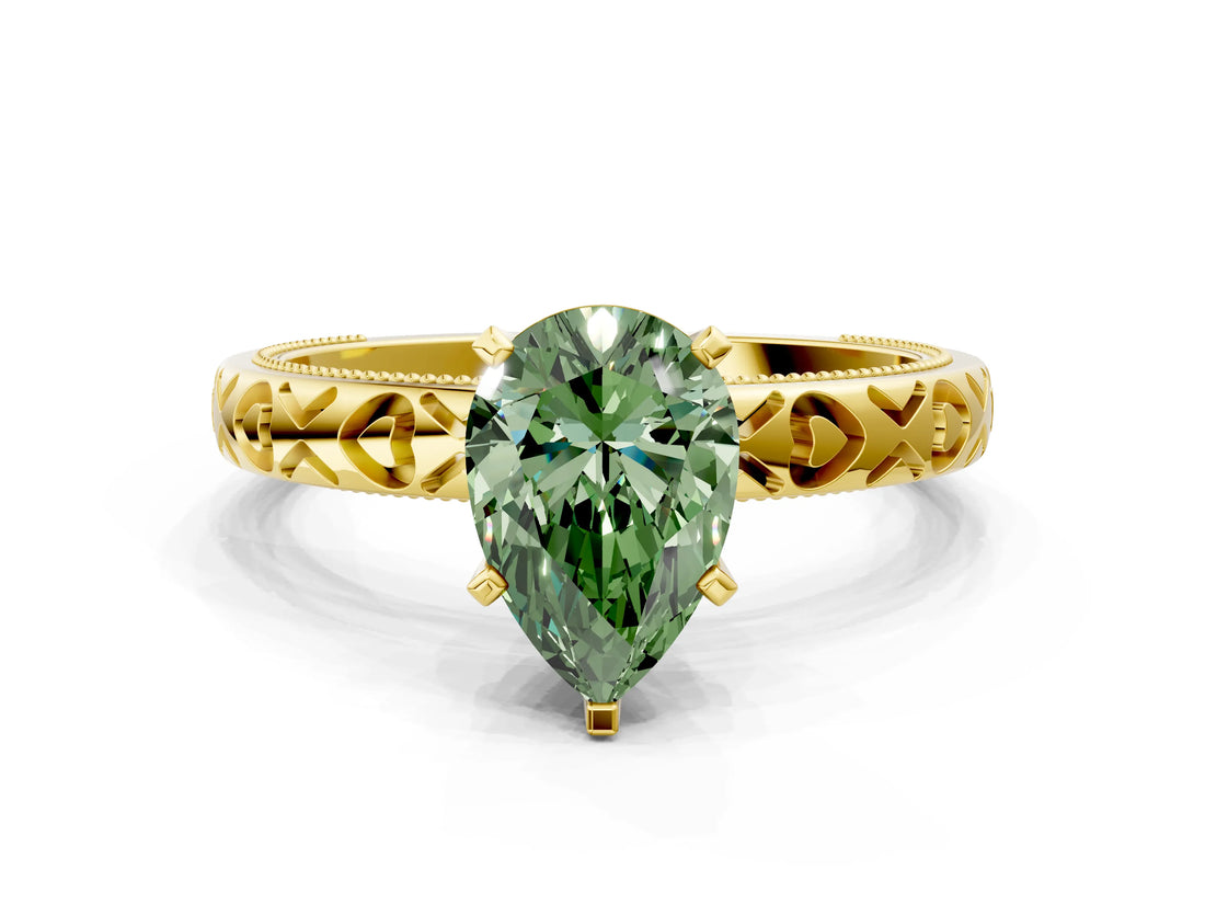 Yellow gold Fancy Green Pear  Solitaire Diamond Engagement Ring with XO Engraved Band and Four-Prong Setting
