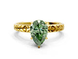 Yellow gold Fancy Green Pear  Solitaire Diamond Engagement Ring with XO Engraved Band and Four-Prong Setting