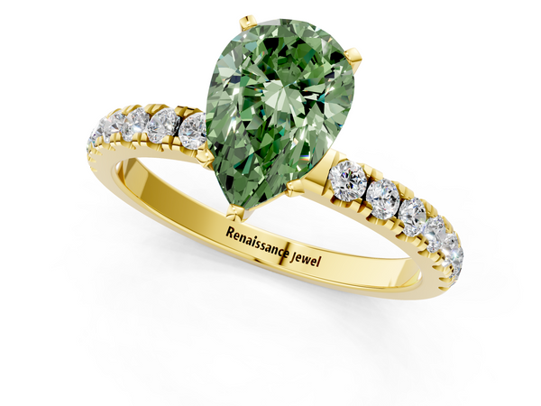 Yellow gold Fancy Green Pear Cut Diamond Solitaire Ring with Pavé Accents and Four-Prong Setting