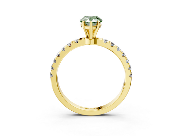 Yellow gold Fancy Green Pear Cut Diamond Solitaire Ring with Pavé Accents and Four-Prong Setting