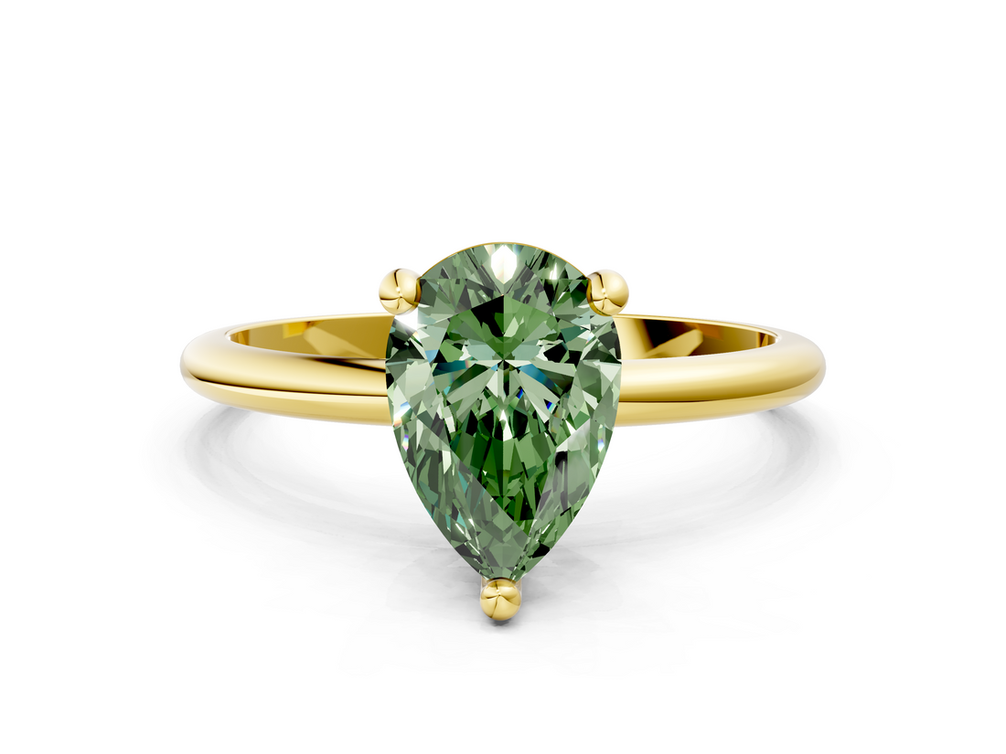 Yellow gold Fancy Green Pear  Solitaire Diamond Ring with 4-Prong Setting on a Classic Band_3