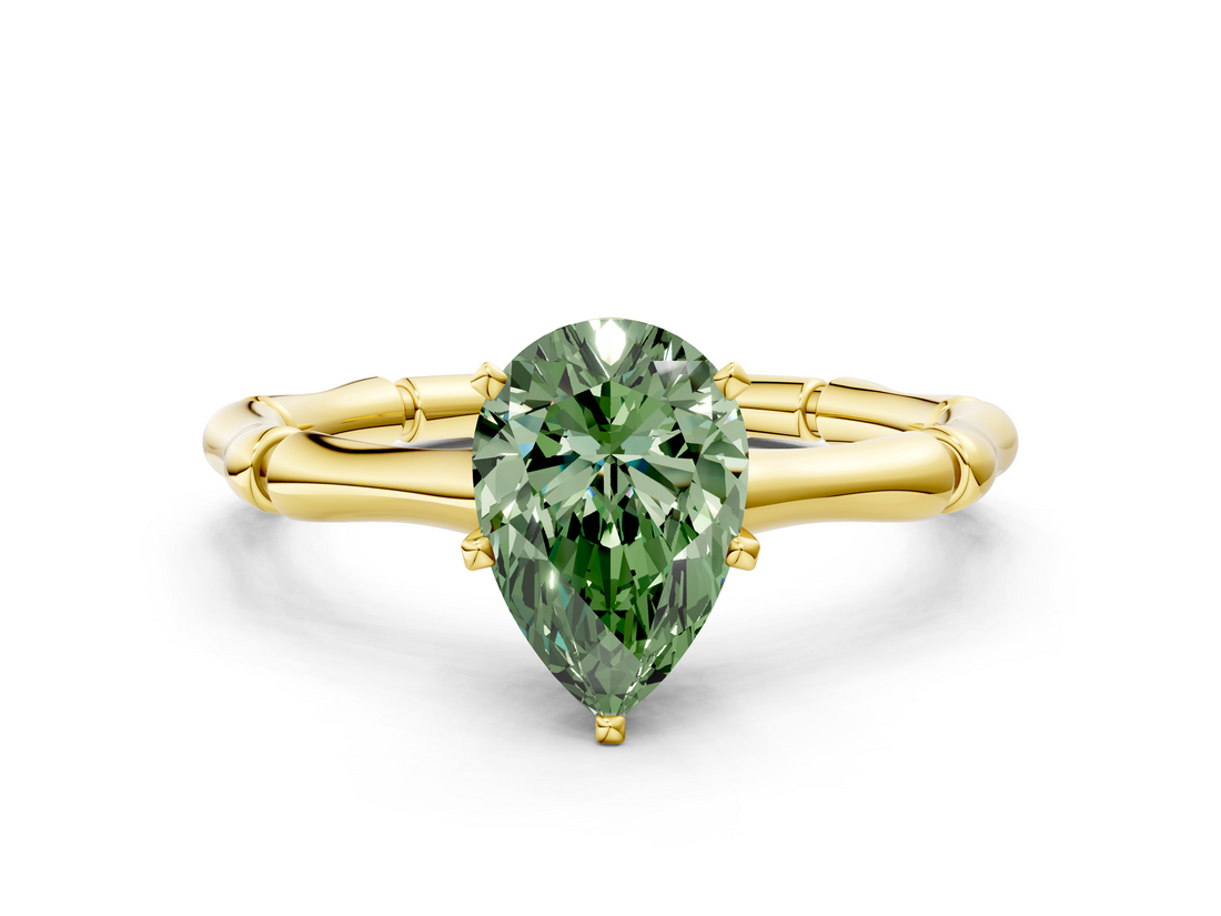 Yellow gold Fancy Green Pear  Solitaire Diamond Ring with Bamboo Band and Four-Prong Setting_55