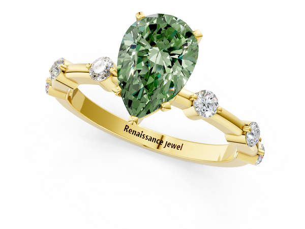 Yellow gold Fancy Green Pear  Solitaire Diamond Ring with Bezel Set Side Stones and Prong Setting