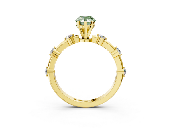 Yellow gold Fancy Green Pear  Solitaire Diamond Ring with Bezel Set Side Stones and Prong Setting