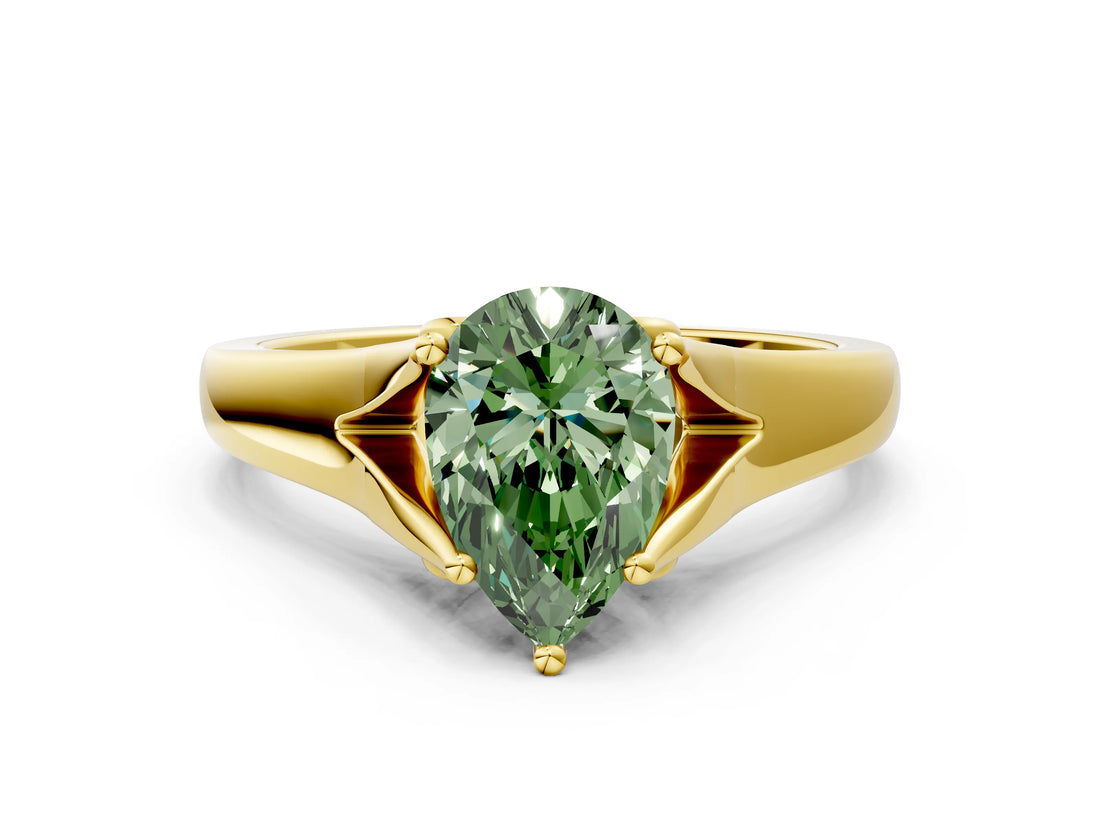 Yellow gold Fancy Green Pear  Solitaire Diamond Ring with Cathedral Band and Four-Prong Setting_66
