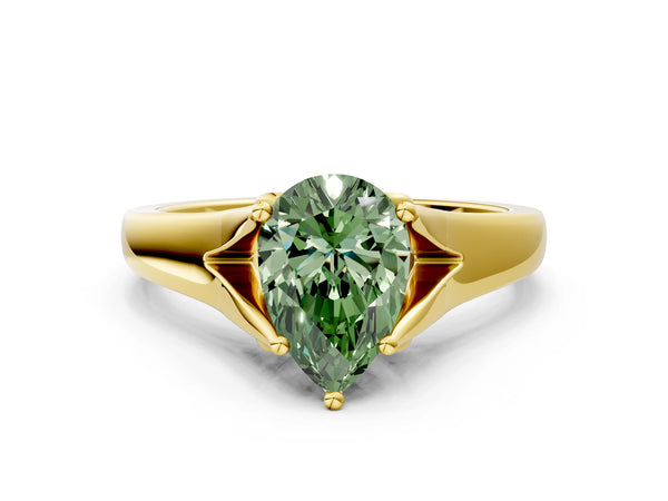 Yellow gold Fancy Green Pear  Solitaire Diamond Ring with Cathedral Band and Four-Prong Setting