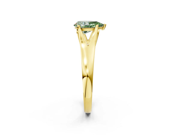 Yellow gold Fancy Green Pear  Solitaire Diamond Ring with Cathedral Band and Four-Prong Setting