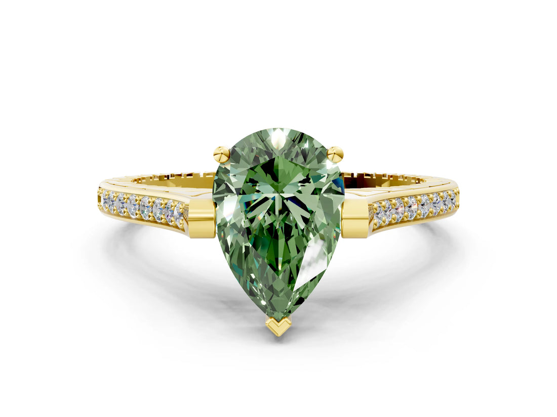 Yellow gold Fancy Green Pear  Solitaire Diamond Ring with Channel Set Band and Bezel Prong Setting_56