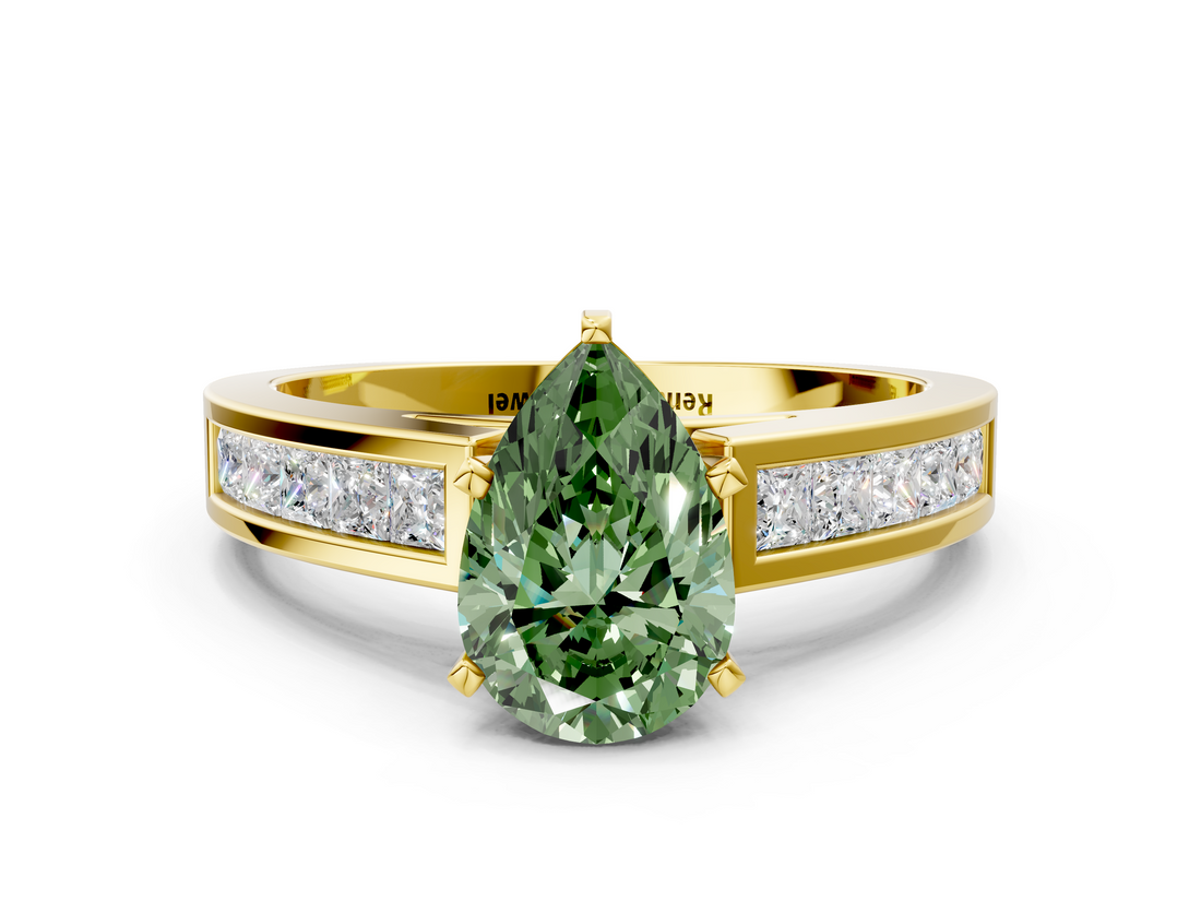 Yellow gold Fancy Green Pear  Solitaire Diamond Ring with Channel-Set Band and Four-Prong Setting_3