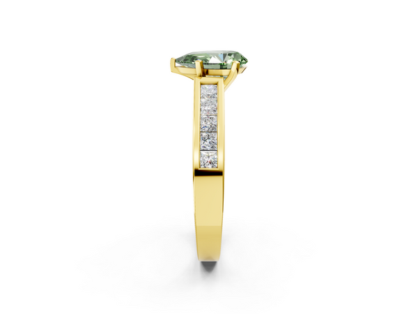 Yellow gold Fancy Green Pear  Solitaire Diamond Ring with Channel-Set Band and Four-Prong Setting