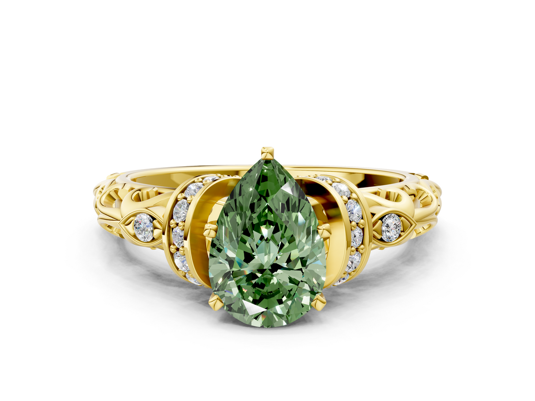 Yellow gold Fancy Green Pear  Solitaire Diamond Ring with Filigree Band and Four-Prong Setting_28