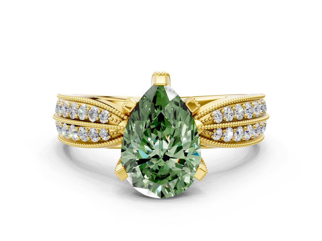 Yellow gold Fancy Green Pear  Solitaire Diamond Ring with Milgrain Pavé Band and Four-Prong Setting_20