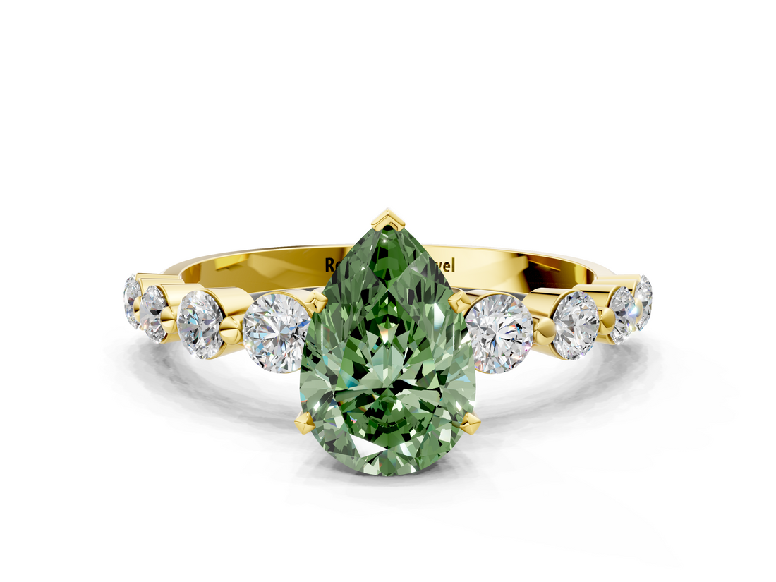 Yellow gold Fancy Green Pear  Solitaire Diamond Ring with Pave Band and Four-Prong Setting_212