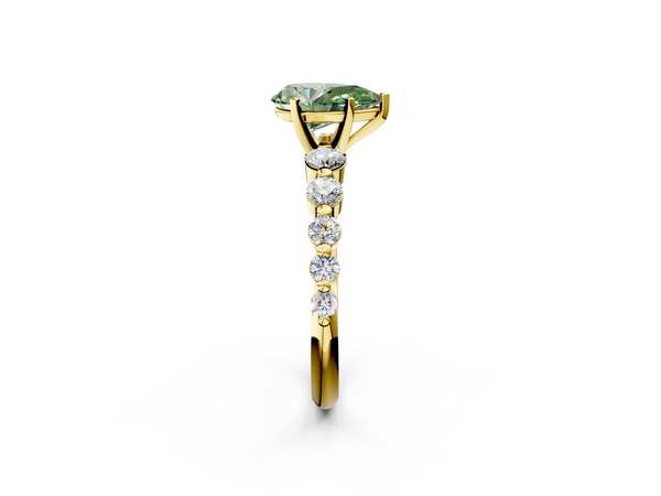 Yellow gold Fancy Green Pear Cut Solitaire Diamond Ring with Pave Band and Four-Prong Setting