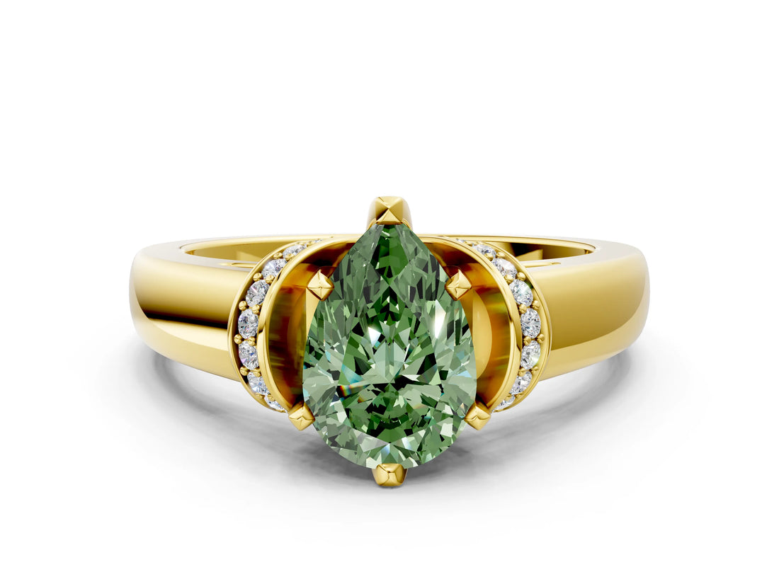 Yellow gold Fancy Green Pear  Solitaire Diamond Ring with Pave Band and Six-Prong Setting_31