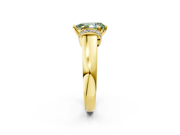Yellow gold Fancy Green Pear  Solitaire Diamond Ring with Pave Band and Six-Prong Setting
