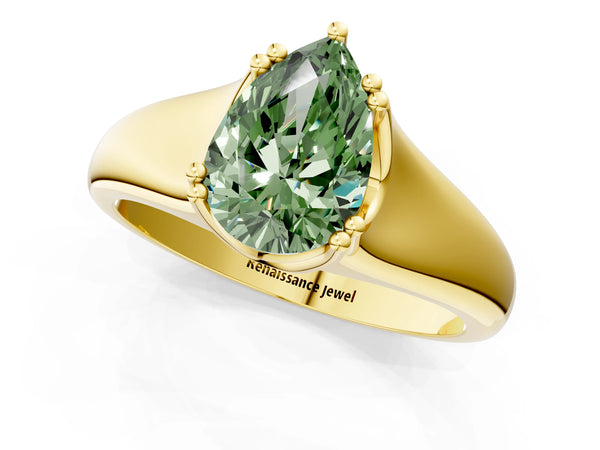 Yellow gold Fancy Green Pear Cut Diamond Solitaire Ring with Wide Band and Prong Setting