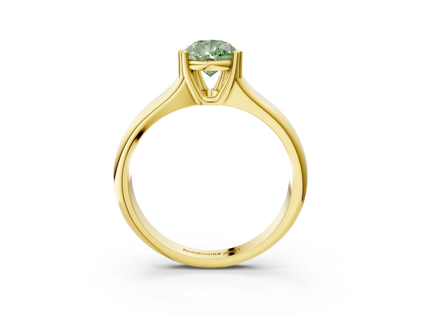Yellow gold Fancy Green Pear Cut Diamond Solitaire Ring with Wide Band and Prong Setting