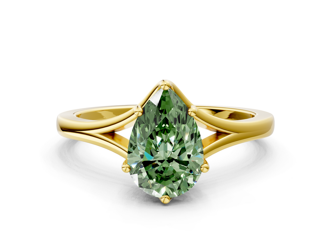 Yellow gold Fancy Green Pear  Solitaire Diamond Ring with Six-Prong Setting and Tapered Band_17