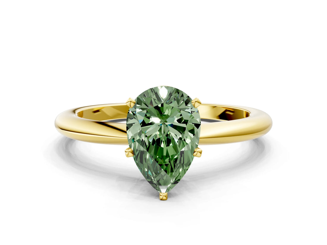 Yellow gold Fancy Green Pear  Solitaire Diamond Ring with Six-Prong Setting on a Classic Band
