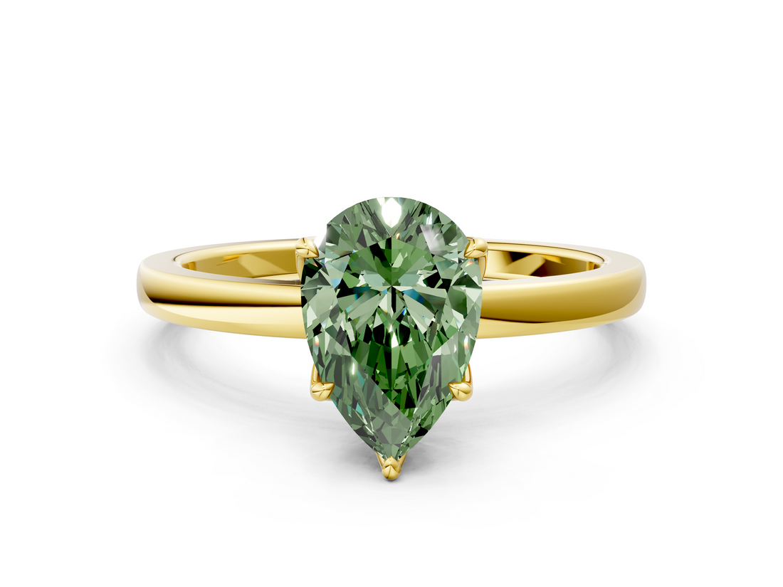 Yellow gold Fancy Green Pear  Solitaire Diamond Ring with Thin Band and Four-Prong Setting_3